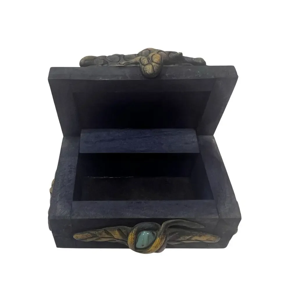 Southeast Asian Wooden Handmade Trinket Box Crocodile Carved Semi-precious Stone
